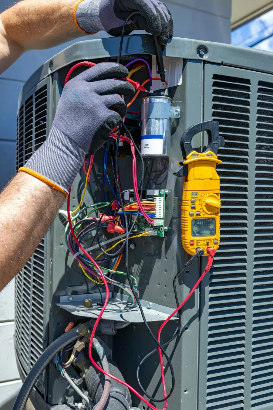 A technician testing a capacitor with a multimeter during an AC diagnostic visit
