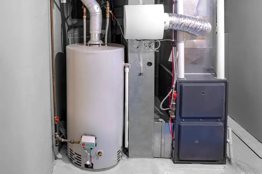 A residential gas furnace installed alongside a water heater in a utility room